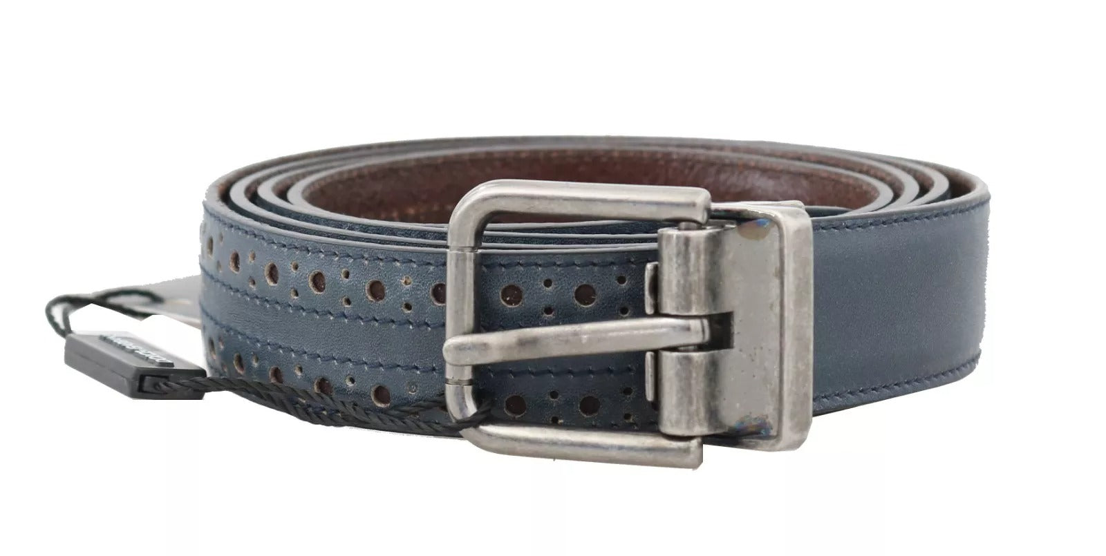 Dolce & Gabbana Blue Perforated Leather Gray Buckle Belt -   -  Dolce & Gabbana.