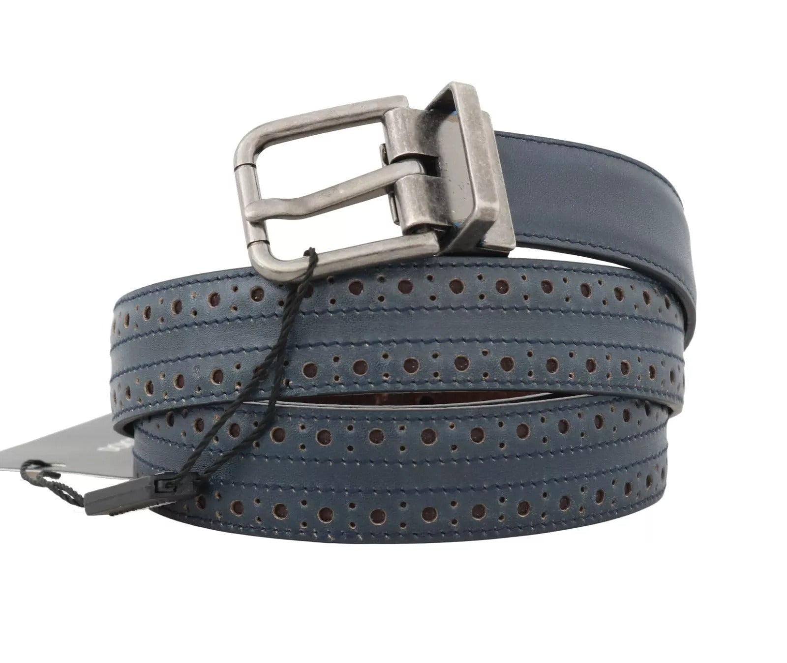 Dolce & Gabbana Blue Perforated Leather Gray Buckle Belt -   -  Dolce & Gabbana.
