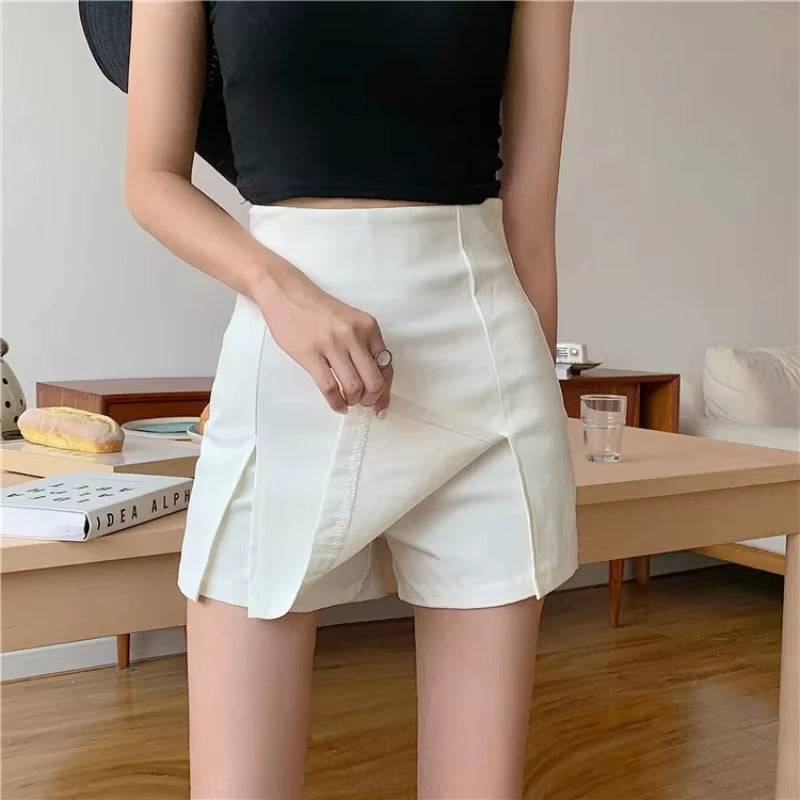 Chic High Waist Split Shorts Skirt - Stylish A-Line Mini for Office & Summer Elegance -   -  Tiny Lux.