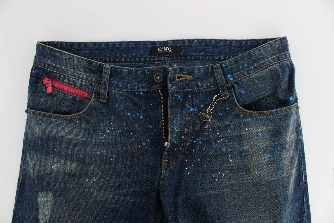 Costume National Blue Wash Paint Slim Fit Pants Jeans -   -  Costume National.