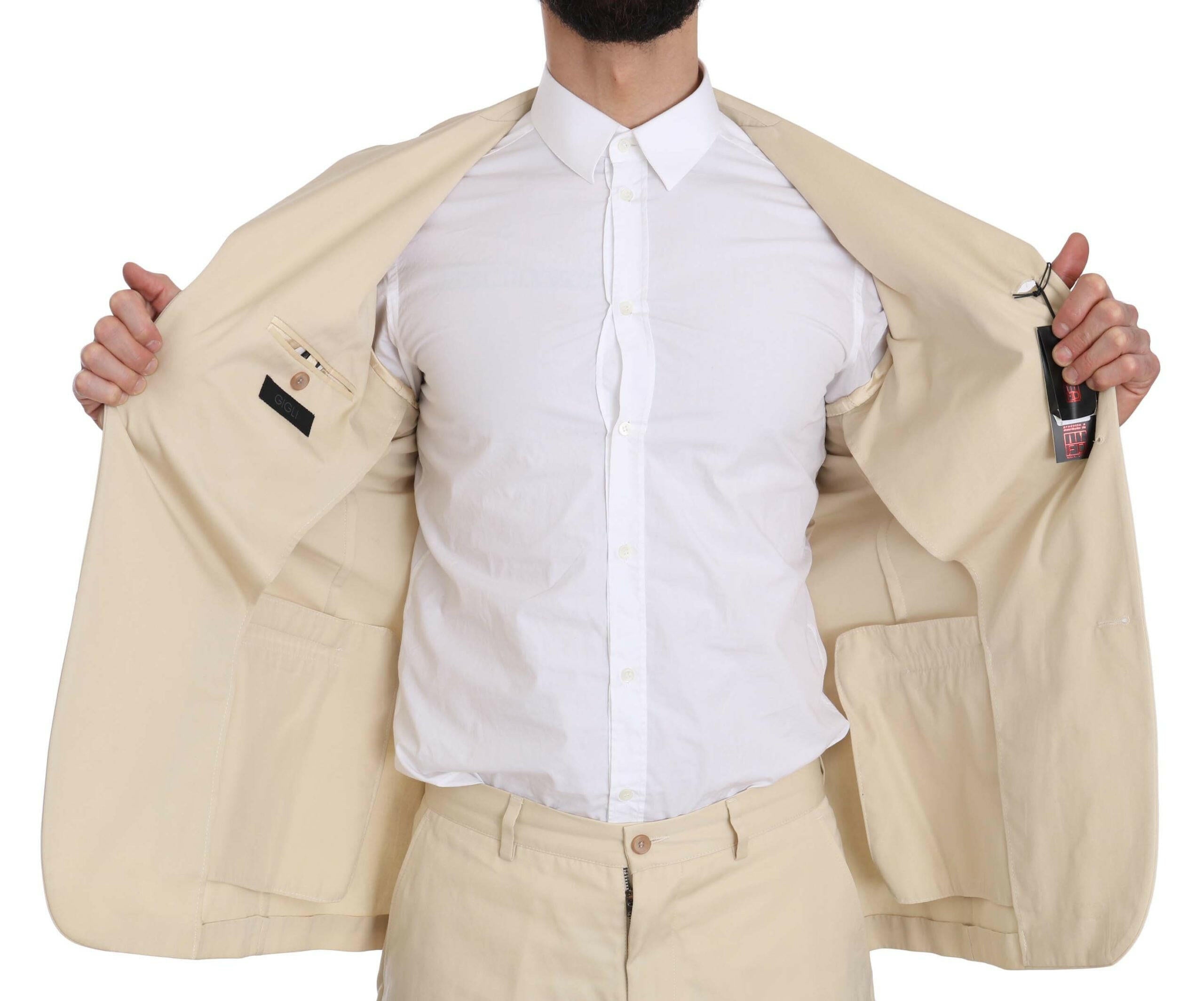 Romeo Gigli Two Piece 3 Button Beige Cotton Solid Suit -   -  Romeo Gigli.