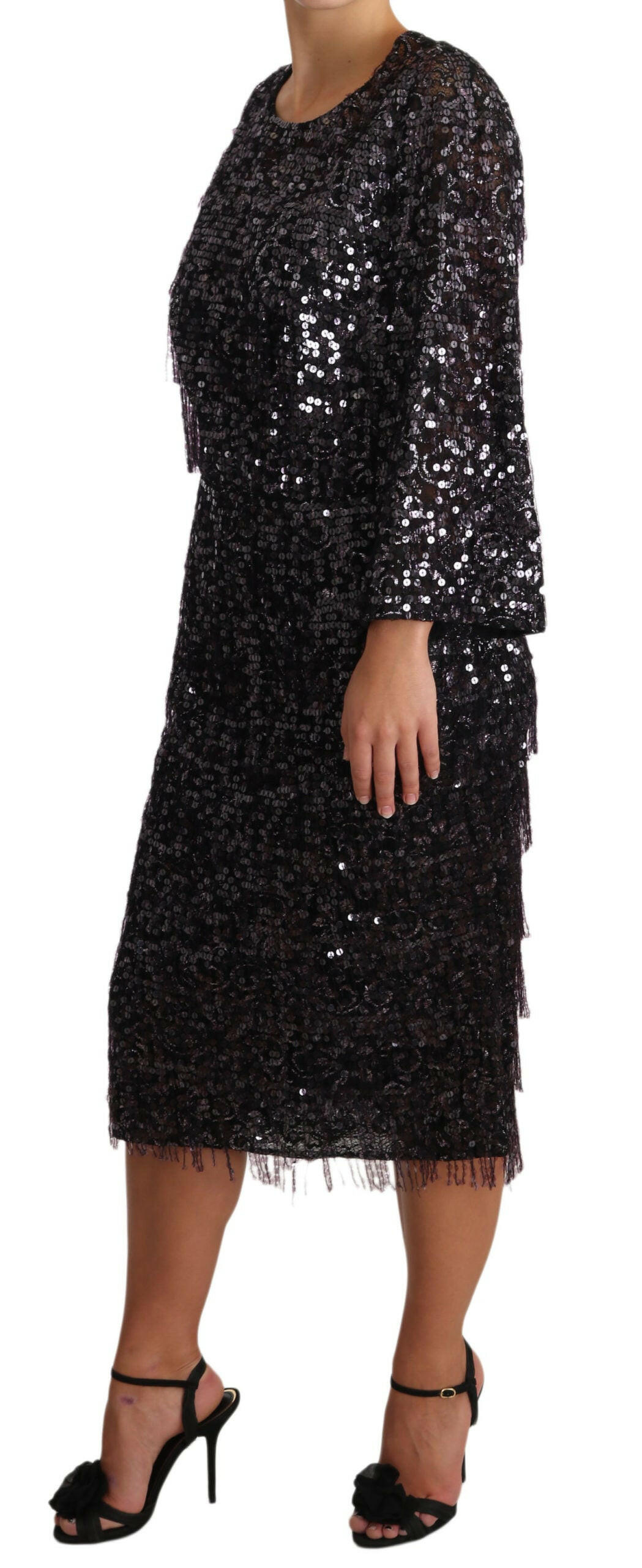 Dolce & Gabbana Black Sequined Long Sleeve Shift Midi Dress -   -  Dolce & Gabbana.