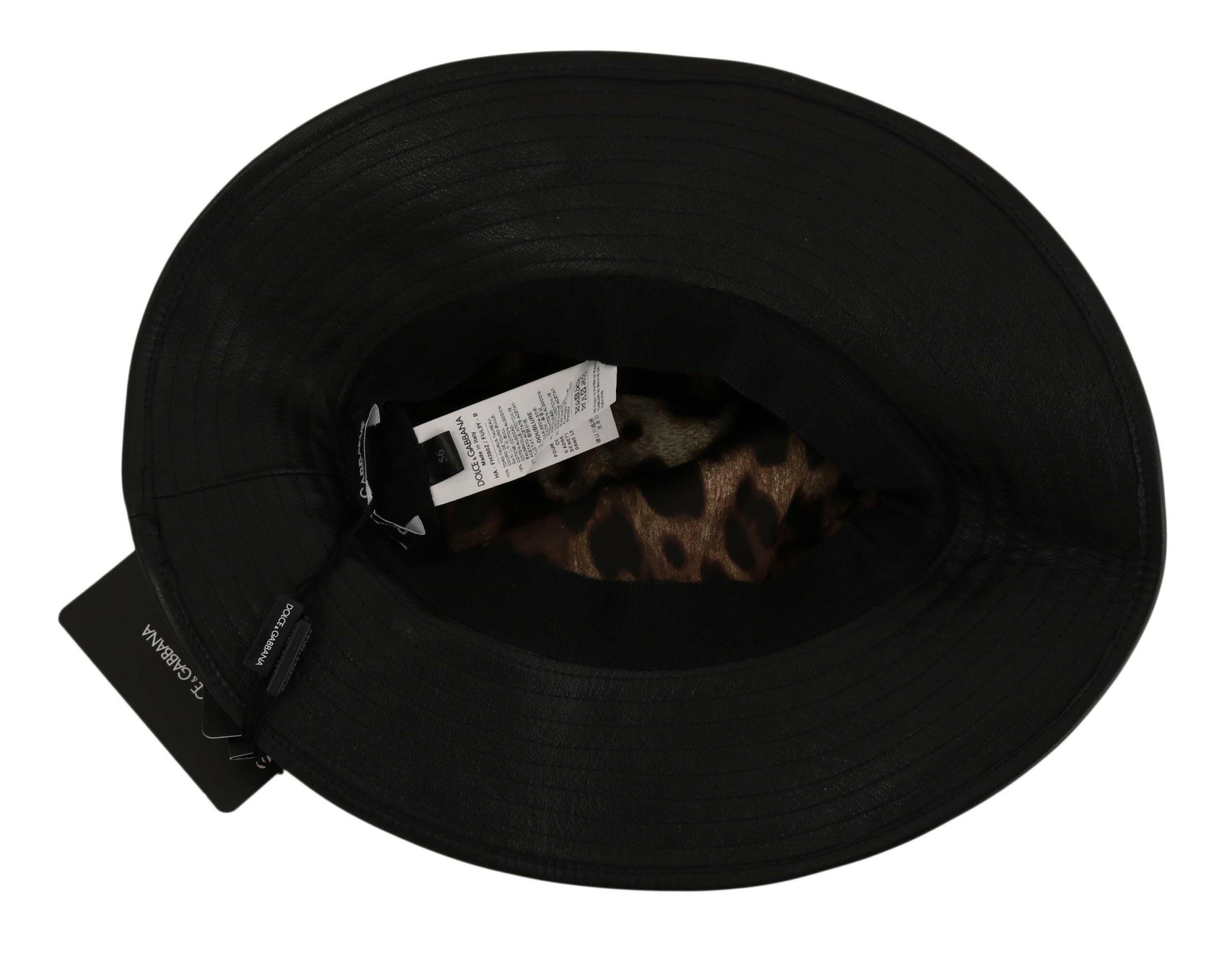 Dolce & Gabbana Black Leather DG Coin Crystal Wide Brim Hat -   -  Dolce & Gabbana.