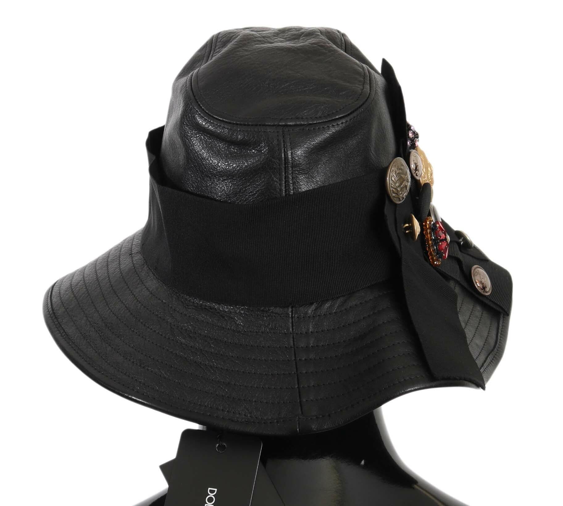 Dolce & Gabbana Black Leather DG Coin Crystal Wide Brim Hat -   -  Dolce & Gabbana.