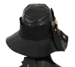 Dolce & Gabbana Black Leather DG Coin Crystal Wide Brim Hat -   -  Dolce & Gabbana.