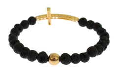 Nialaya Lava Stone Gold Clear CZ Cross 925 Silver Bracelet -   -  Nialaya.