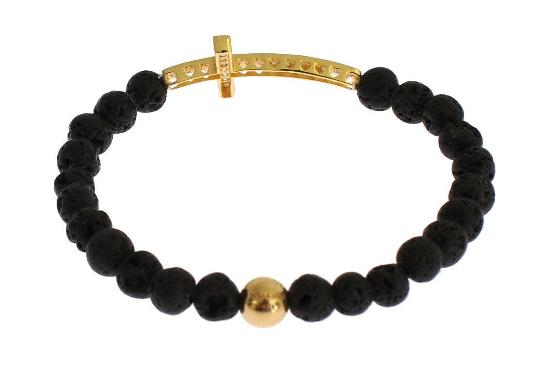 Nialaya Lava Stone Gold Clear CZ Cross 925 Silver Bracelet -   -  Nialaya.