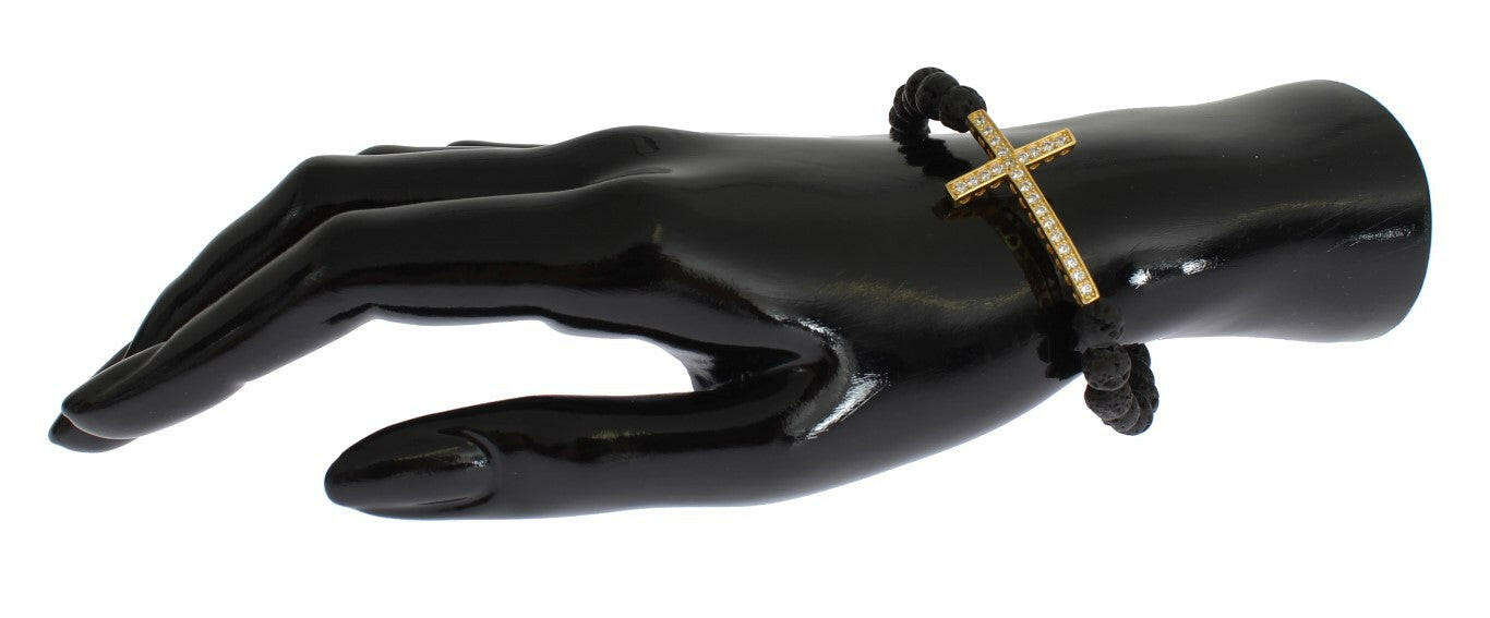Nialaya Lava Stone Gold Clear CZ Cross 925 Silver Bracelet -   -  Nialaya.