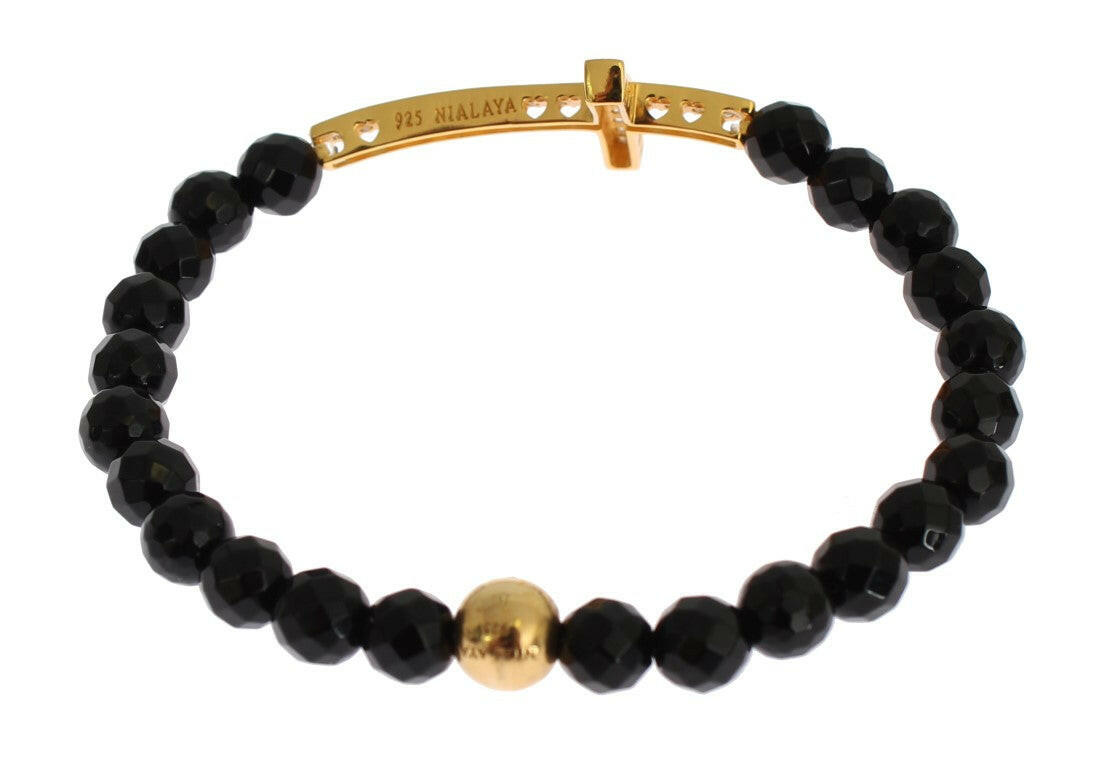 Nialaya Agate Stone Gold CZ Cross 925 Silver Bracelet -   -  Nialaya.