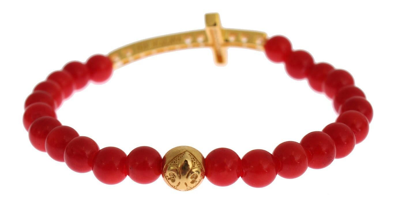 Nialaya Red Coral Gold CZ Cross 925 Silver Bracelet -   -  Nialaya.