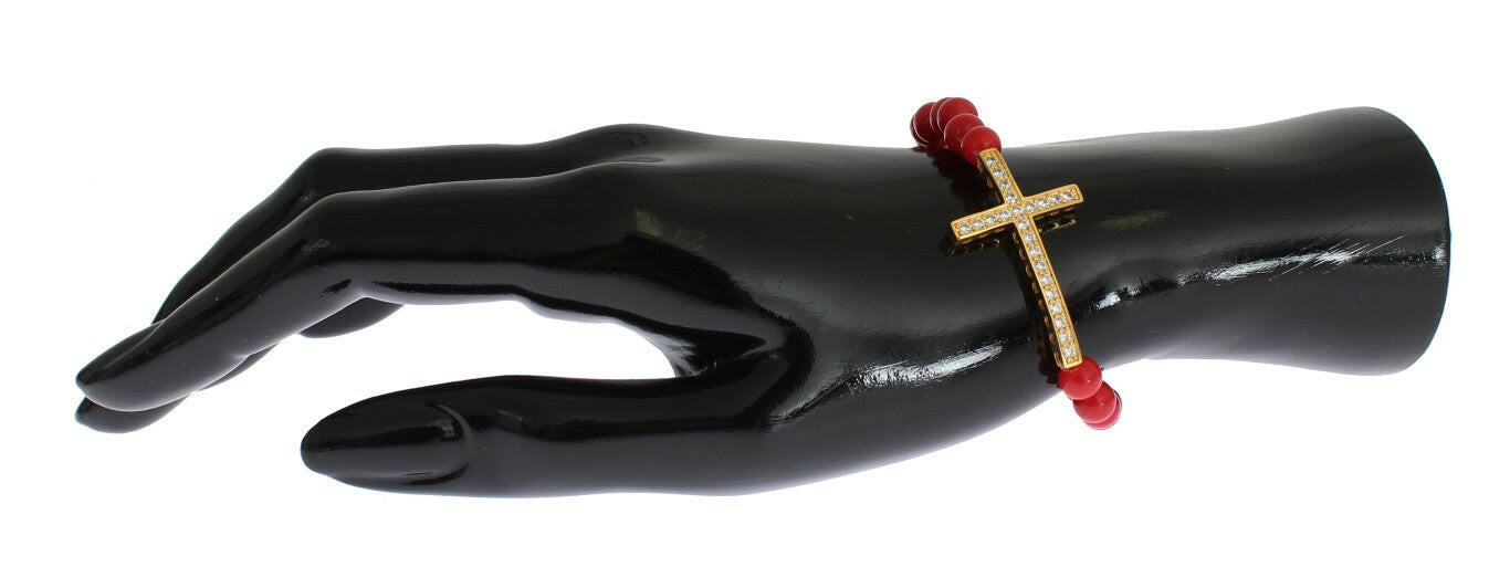 Nialaya Red Coral Gold CZ Cross 925 Silver Bracelet -   -  Nialaya.