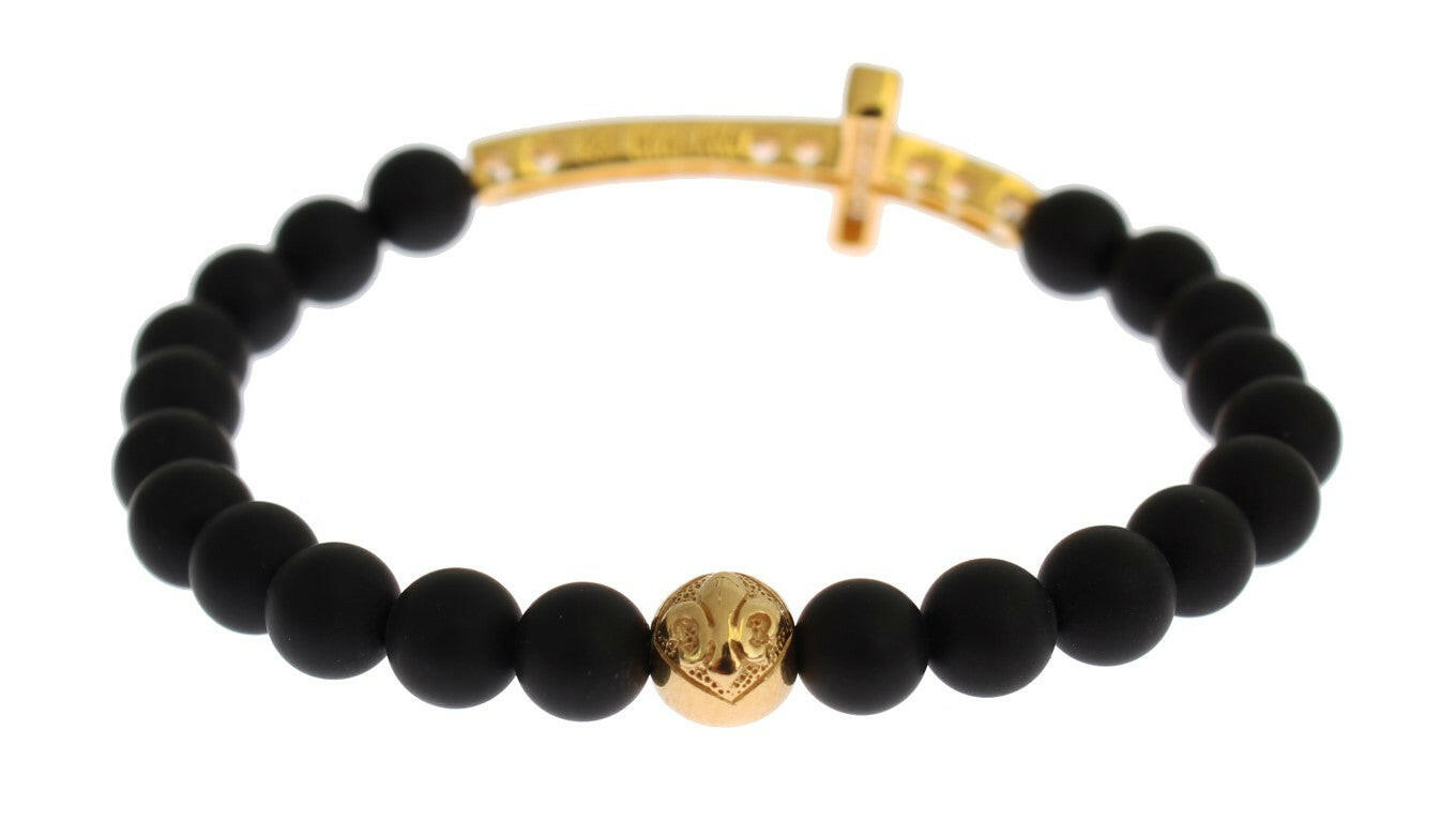 Nialaya Matte Onyx Stone Gold CZ Cross 925 Silver Bracelet -   -  Nialaya.