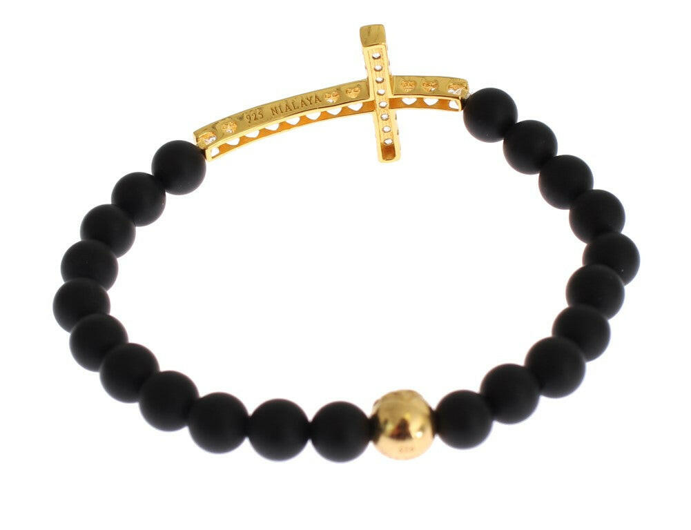 Nialaya Matte Onyx Stone Gold CZ Cross 925 Silver Bracelet -   -  Nialaya.