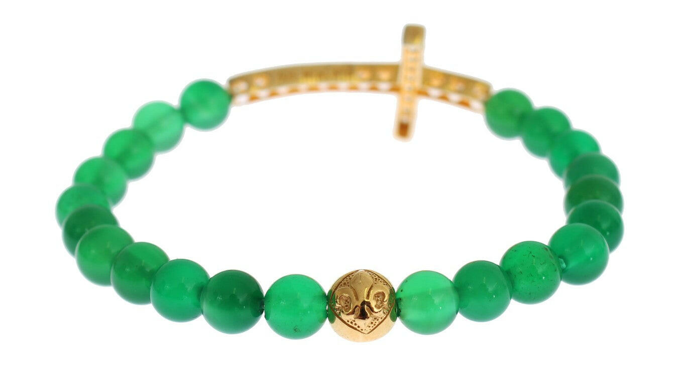Nialaya Jade Stone Gold CZ Cross 925 Silver Bracelet -   -  Nialaya.