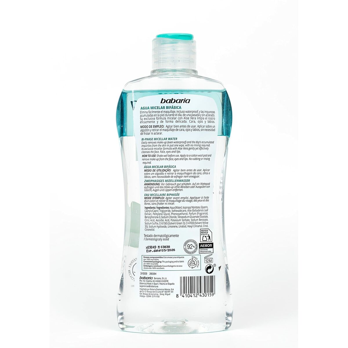 Facial Biphasic Makeup Remover Babaria Micellar Water Aloe Vera (400 ml) -  Beauty, Skin care -  Babaria.