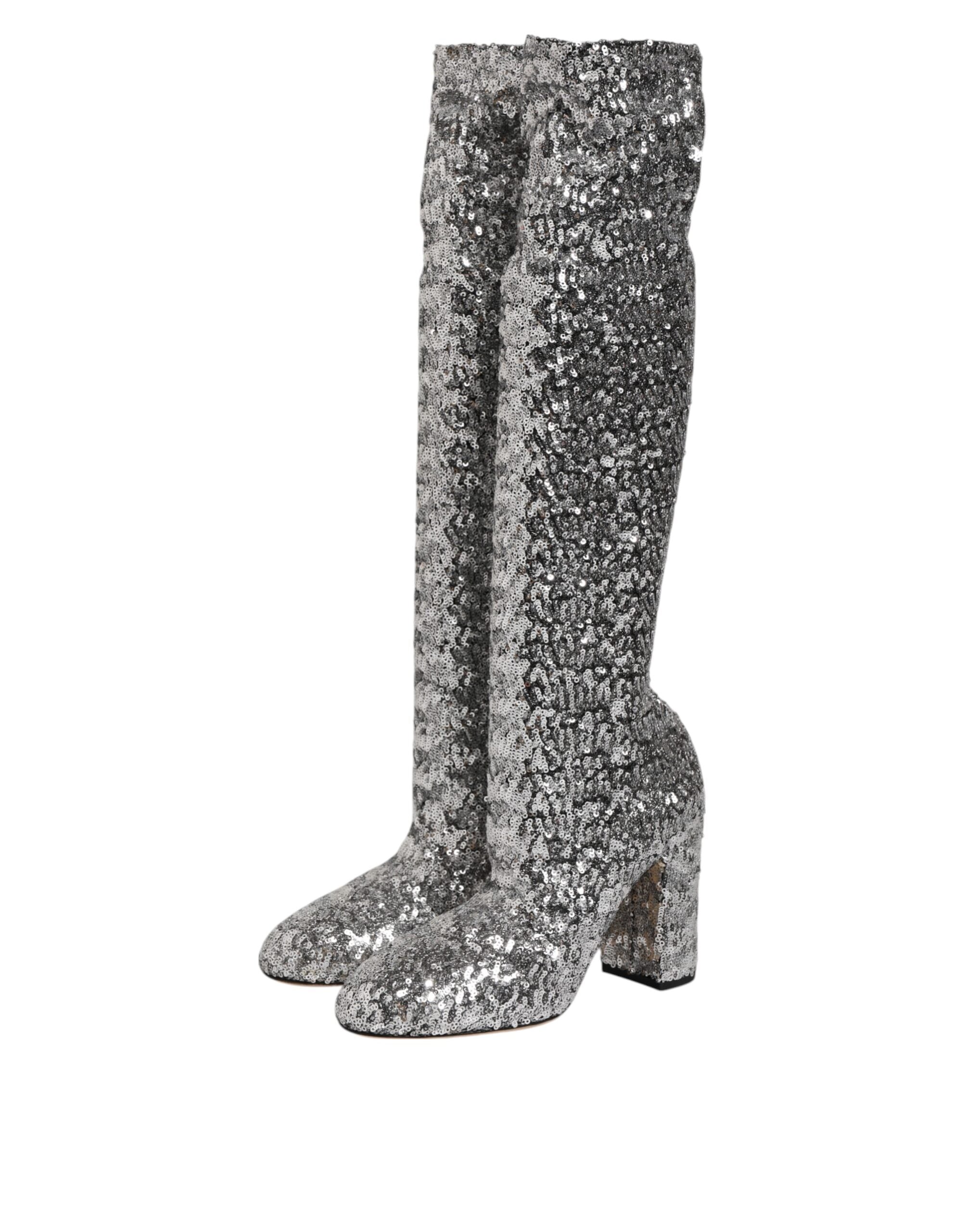 Dolce & Gabbana Shoes Silver Sequins Glitter High Heel Boot Shoes -   -  Dolce & Gabbana.