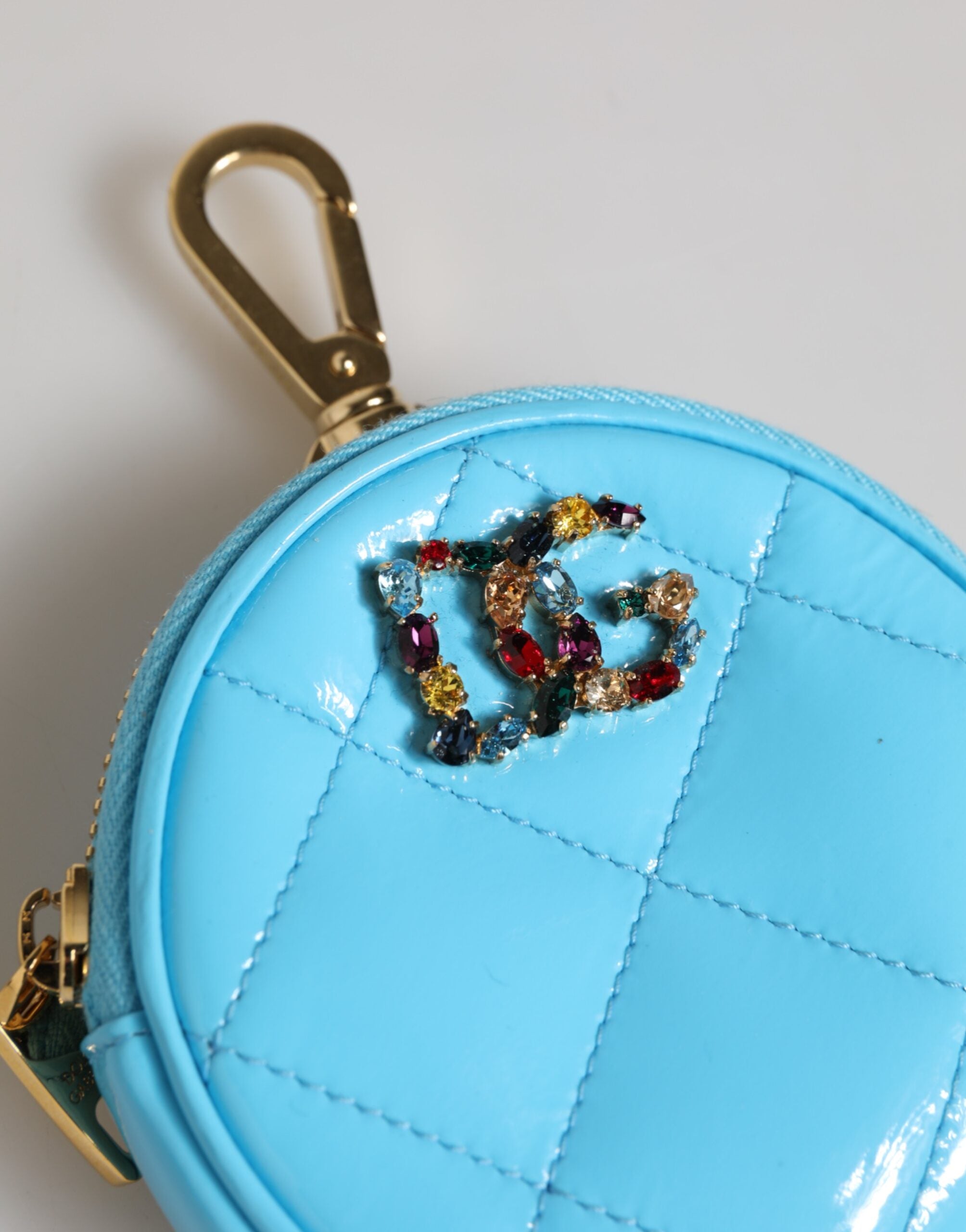 Dolce & Gabbana Azure Blue Leather Round Coin Purse Keychain Crystal Logo Wallet -   -  Dolce & Gabbana.