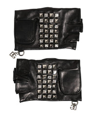 Black Leather Studded Fingerless Hand Mitten Men Gloves