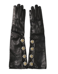 Black Leather Embellished Long Mitten Gloves