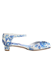White Blue Floral Crystal Ankle Straps Shoes