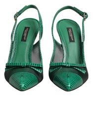 Green Leather Mesh Heels Slingback  Shoes