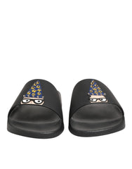 Black Leather Slides Sandals Beachwear Shoes