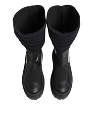 Black Leather Mid Calf Biker Boots Shoes