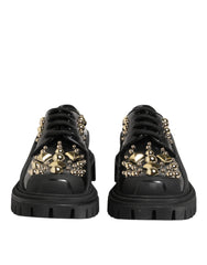 Black Leather Jeweled Crystals Derby Shoes
