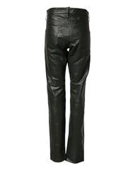 Black Full Grain Leather Mid Waist Trouser Pants