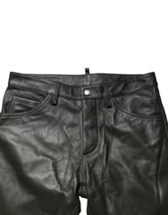 Black Full Grain Leather Mid Waist Trouser Pants