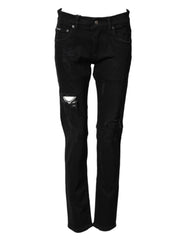 Black Tattered Cotton Men Skinny Denim Jeans