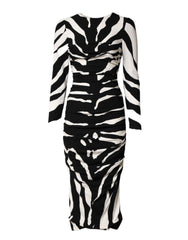 Black White Zebra Viscose Sheath Midi Dress