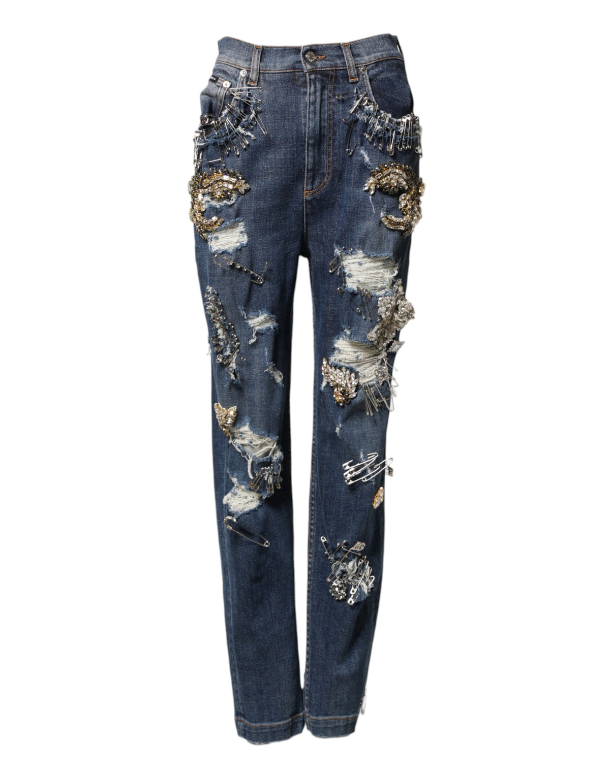 Blue Cotton Rhinestone Embellish Denim Jeans