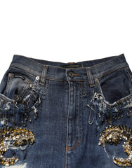 Blue Cotton Rhinestone Embellish Denim Jeans