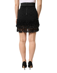 Black Nylon Embellished Lace Mini Skirt