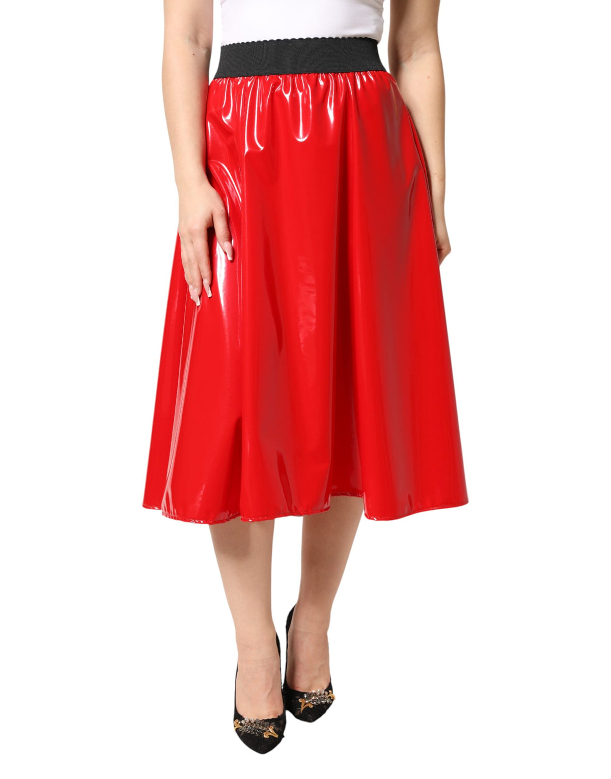 Glossy Red Polyester High Waist Midi Skirt