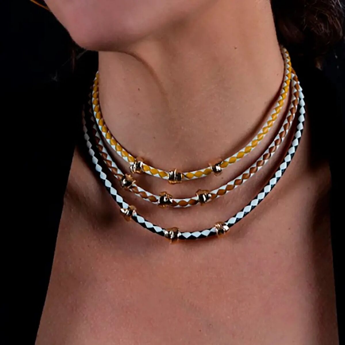 Ladies' Necklace Shabama Namibia Brass gold-plated Leather 38 cm Set 3 Pieces -  Jewellery, Women -  Shabama.