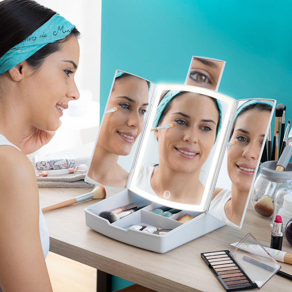 3-In-1 Folding LED Mirror with Make-up Organiser Panomir InnovaGoods -  Beauty, Utensils and accessories -  InnovaGoods.