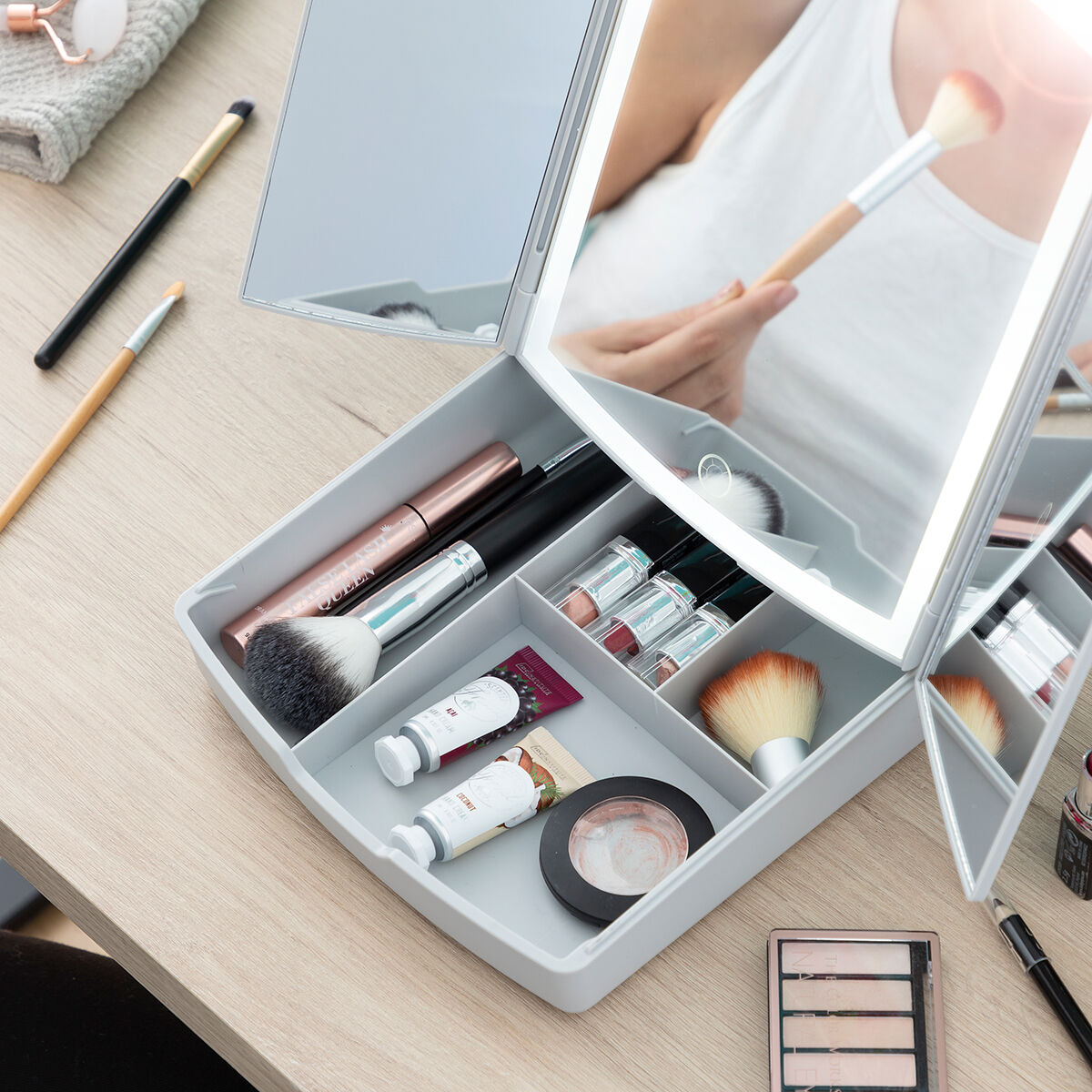 3-In-1 Folding LED Mirror with Make-up Organiser Panomir InnovaGoods -  Beauty, Utensils and accessories -  InnovaGoods.