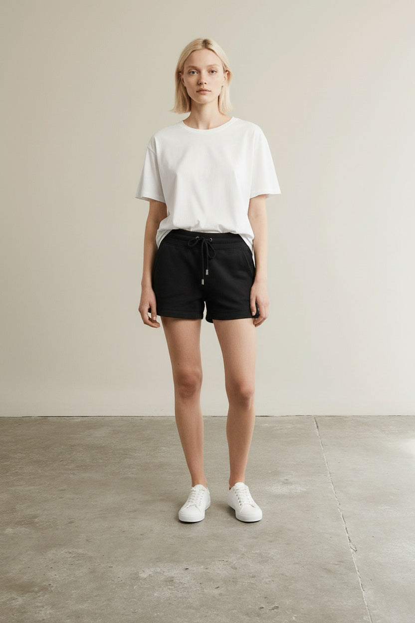 Full body view of the model wearing Just Cavalli - Relaxed Cotton Drawstring Lounge Shorts - Black