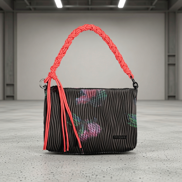 Desigual - Edgy Pleated Polyethylene Shoulder Bag With Braided Handle - Black Coral Desigual