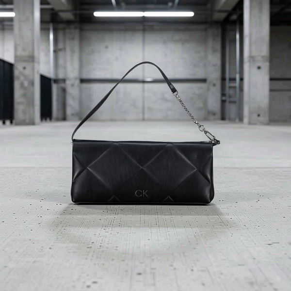Calvin Klein - Structured Quilted Recycled Polyester Shoulder Bag with Chain Detail - Black Calvin Klein