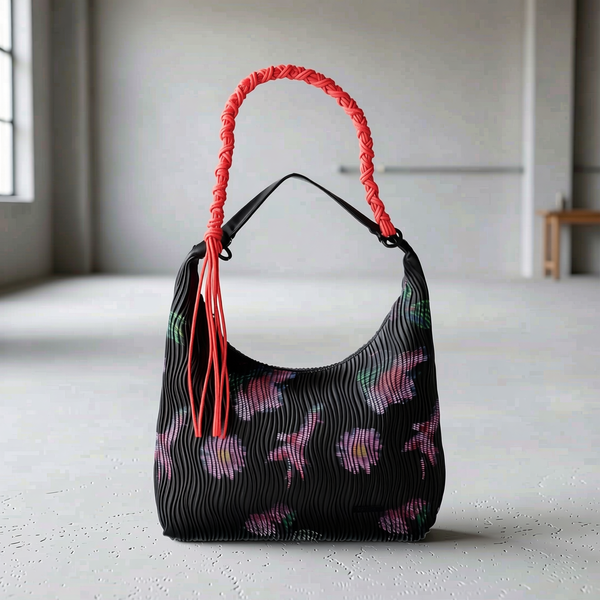 Desigual - Bold Pleated Floral Shoulder Bag With Braided Rope Handle - Black Multi Desigual