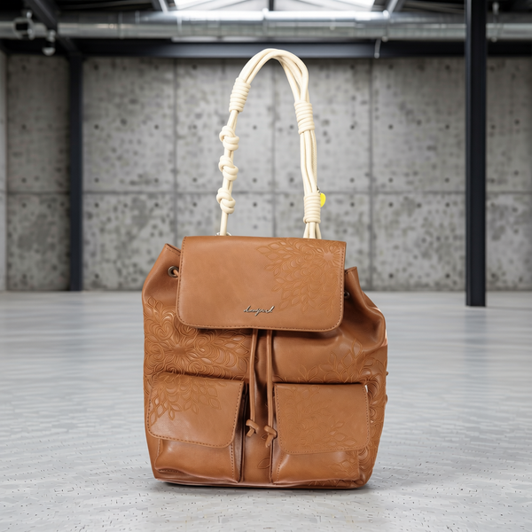Desigual - Boho Embossed Faux Leather Mini Backpack with Knotted Rope Handles - Brown Desigual