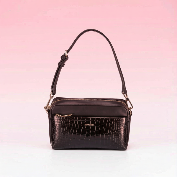 Calvin Klein - Structured Croc-Effect Adjustable Shoulder Bag - Black